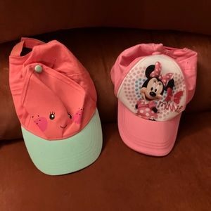 Minnie Mouse and watermelon hats. Slightly worn size 4-6 disney adjustable hats.